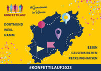 Diese Strecke nimmt der Konfettilauf 2023 durch das Ruhrgebiet: Dortmund, Werl, Hamm, Essen, Gelsenkirchen, Recklinghausen